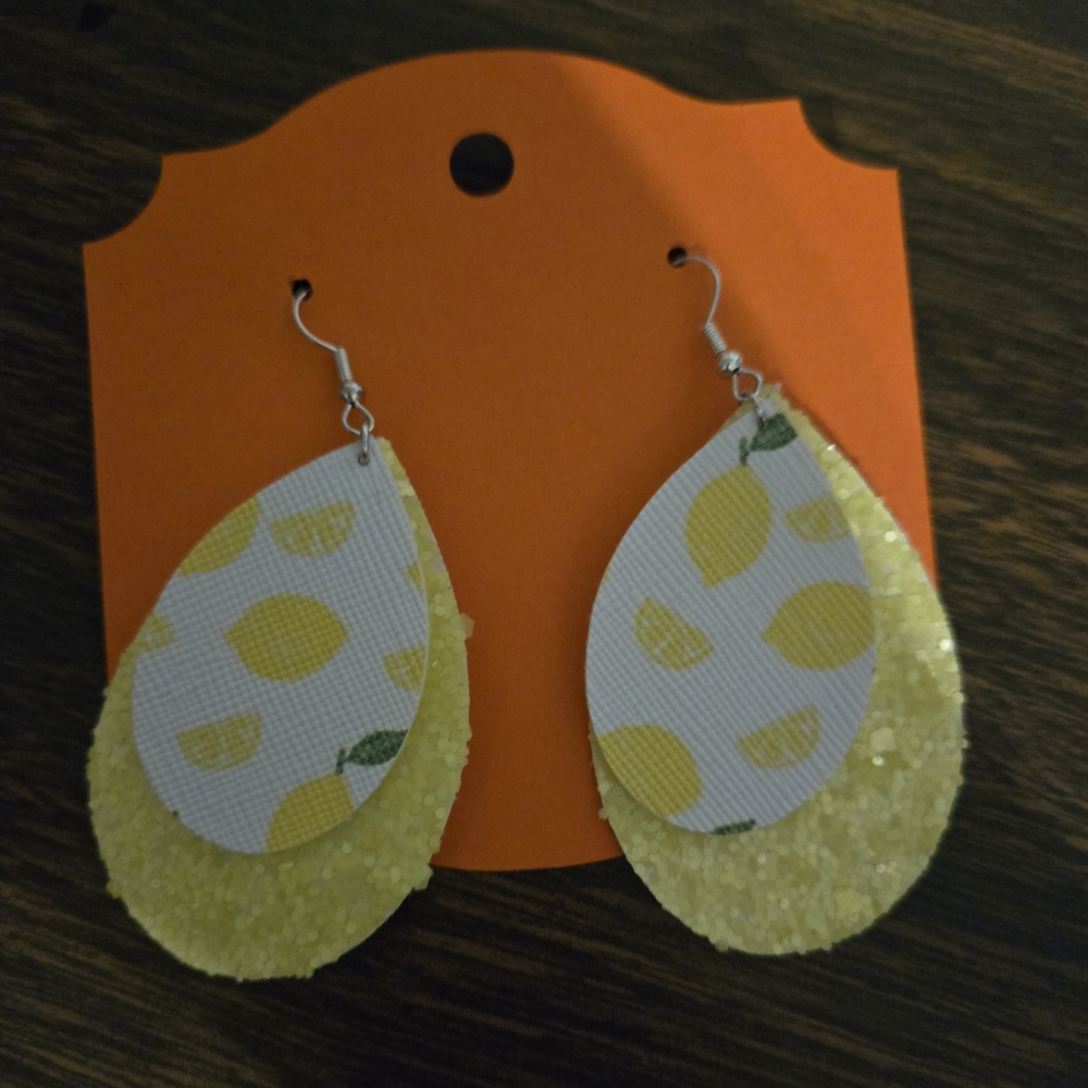 Lemon Print Double Teardrop Earrings - Yellow and White